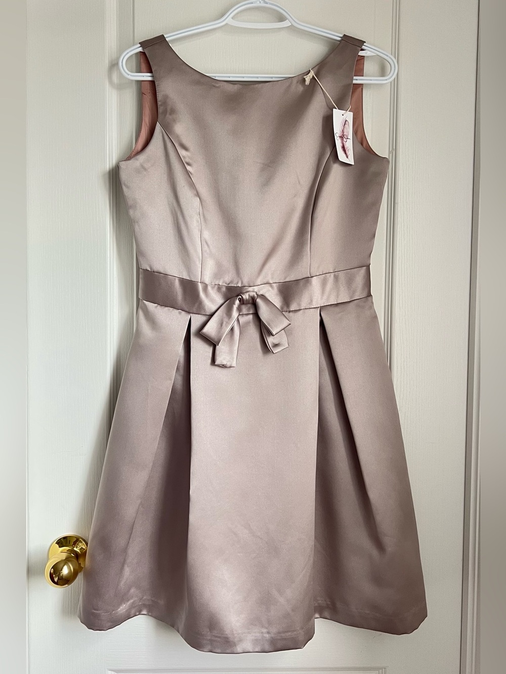 Girls' Satin Taupe Party Dress with Waist Bow
